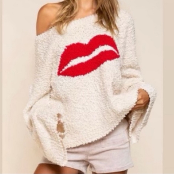 Kiss Me Down Cream Popcorn Lips Sweater - Picture 3 of 4